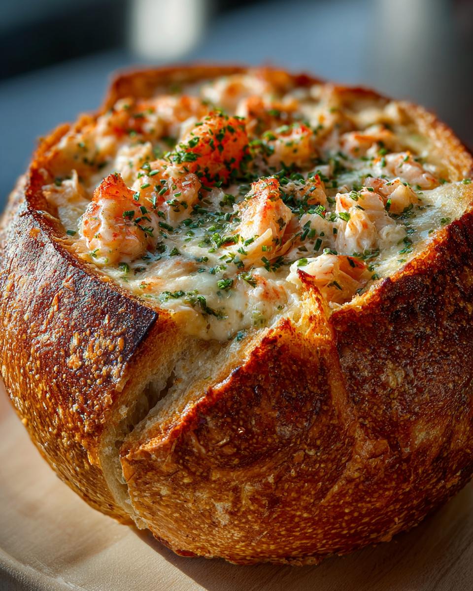 A close-up of a golden-brown stuffed seafood bread bowl, generously filled with creamy seafood and sprinkled with fresh chives.