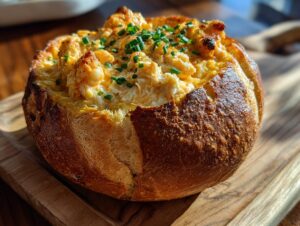 A golden-brown stuffed seafood bread bowl filled with creamy seafood mixture and topped with fresh chives.