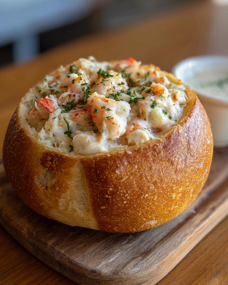 A delicious stuffed seafood bread bowl filled with creamy seafood and topped with parsley.
