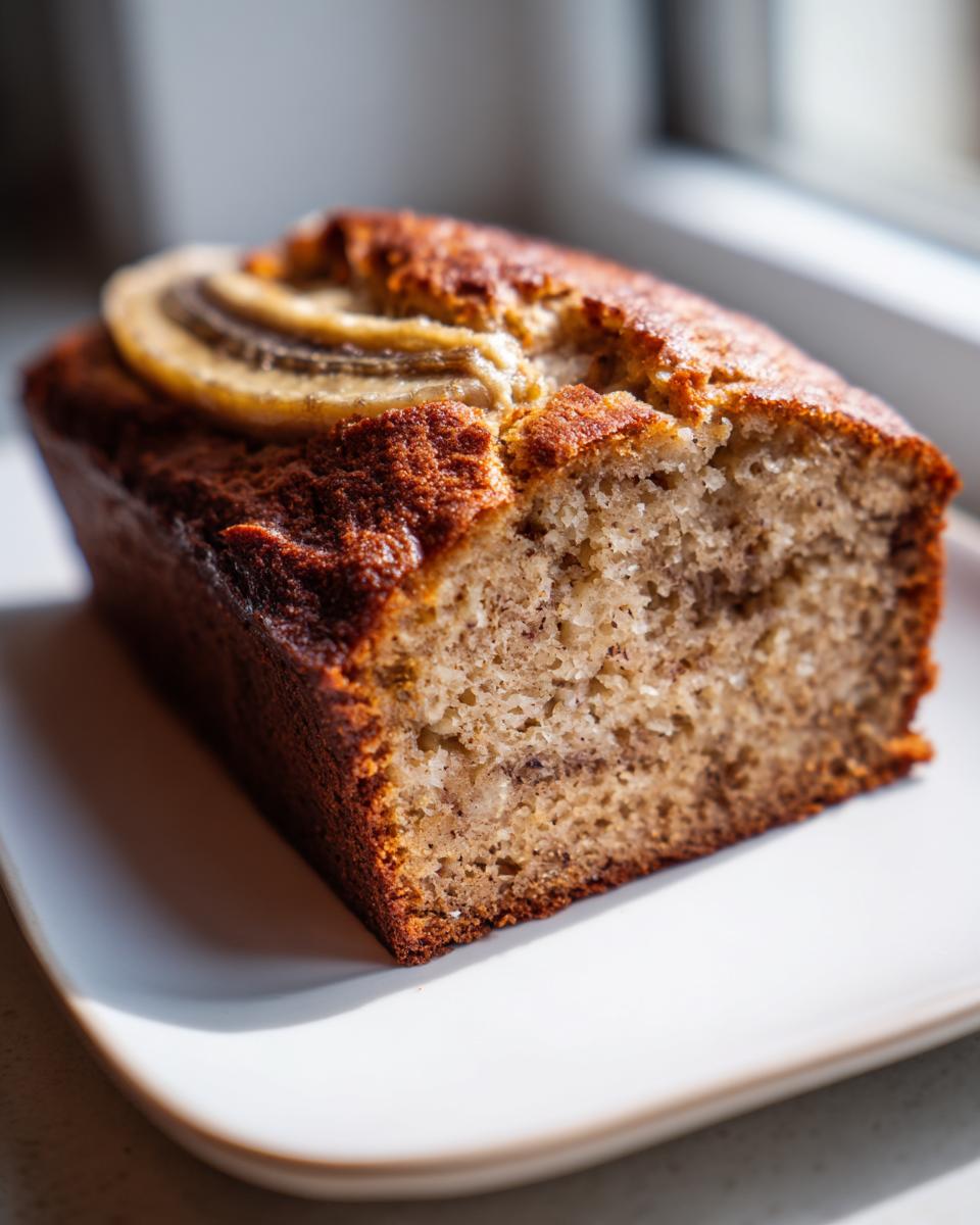 A close-up of a freshly baked sugar free banana bread loaf, topped with banana slices, sitting on a white plate.