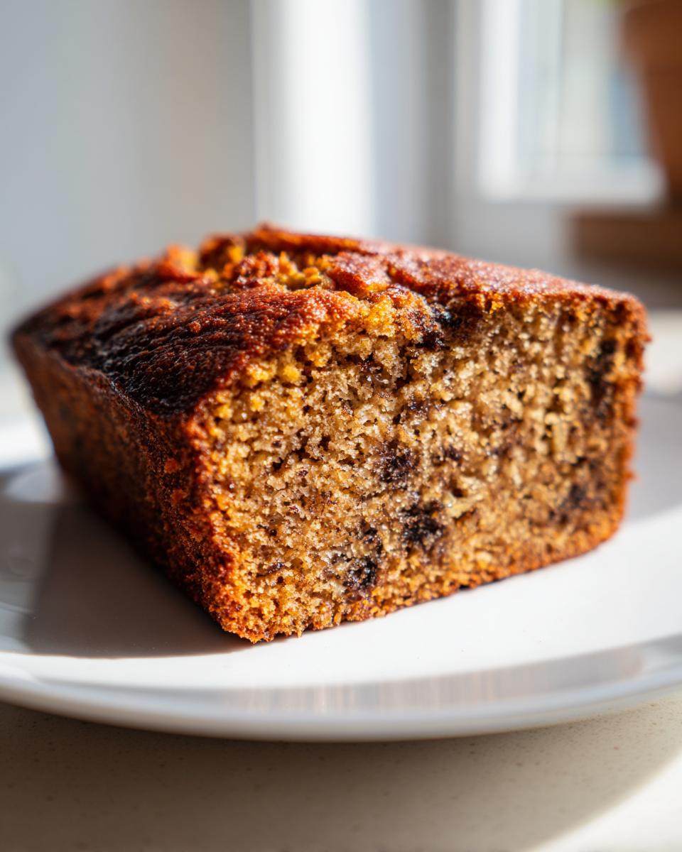 Close-up of a perfectly baked slice of sugar free banana bread showing a moist crumb and chocolate chips.