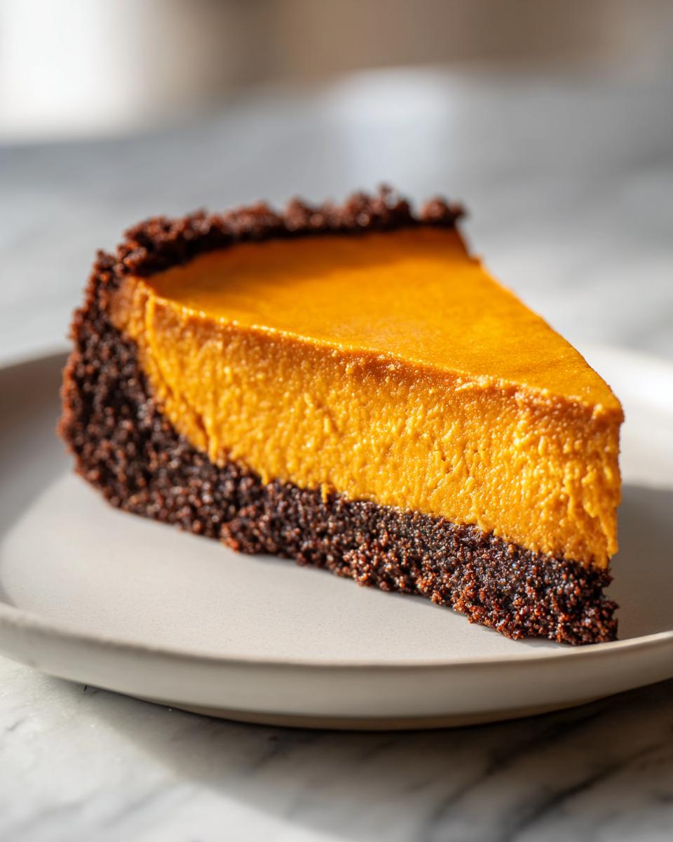 A single slice of rich, orange sweet potato cheesecake resting on a light gray plate, featuring a dark chocolate crust.