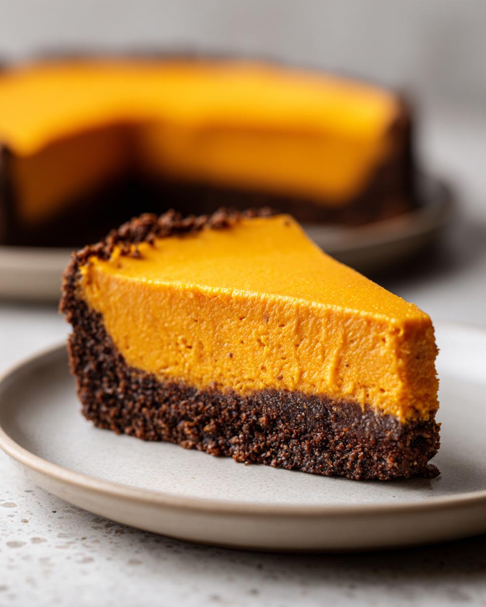 A close-up of a slice of vibrant orange sweet potato cheesecake with a dark chocolate crust on a light plate.