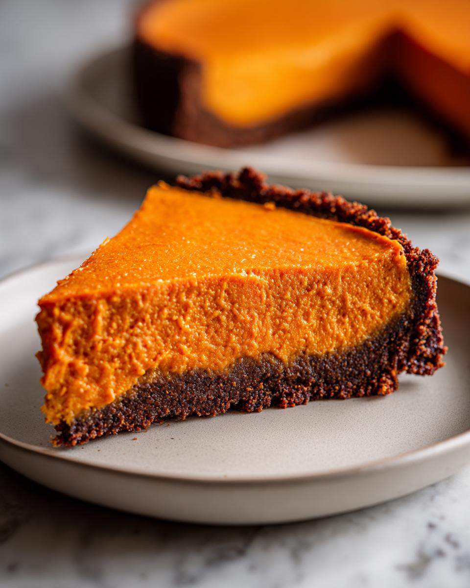 A close-up of a thick slice of vibrant orange sweet potato cheesecake with a dark chocolate crust on a light plate.
