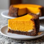 A close-up slice of vibrant orange sweet potato cheesecake on a white plate, featuring a thick, dark crust.