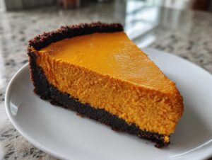 A thick slice of vibrant orange sweet potato cheesecake resting on a white plate, featuring a dark chocolate crust.