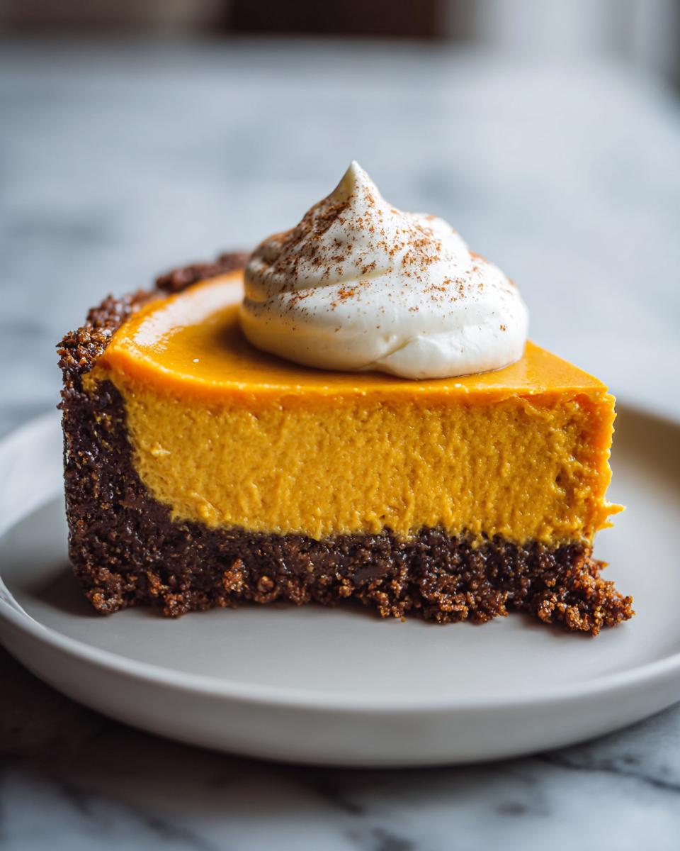 A perfect slice of sweet potato cheesecake featuring a bright orange filling and dark crust, topped with whipped cream and cinnamon.