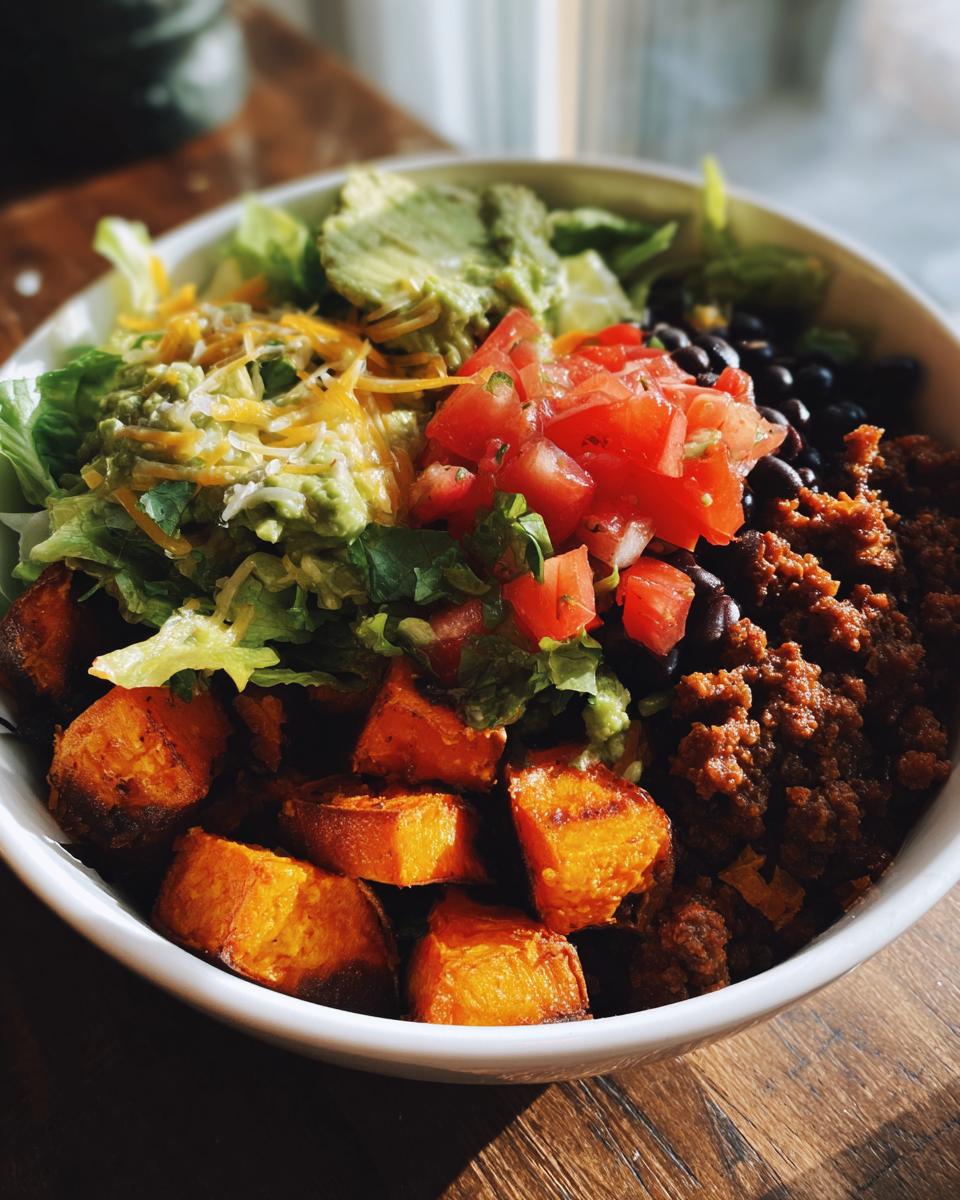 A vibrant sweet potato taco bowl filled with roasted sweet potato cubes, seasoned ground meat, black beans, guacamole, pico de gallo, and shredded lettuce.