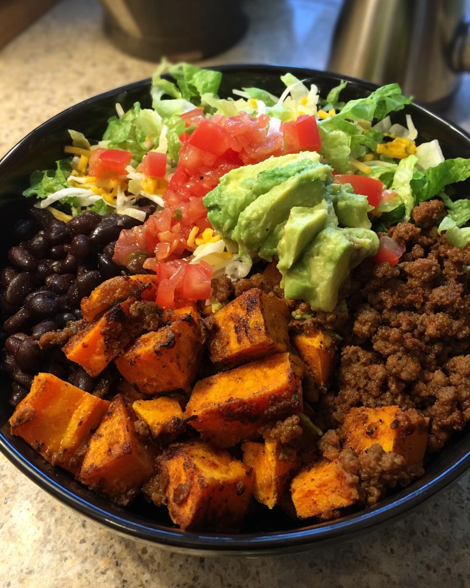 A close-up of a hearty sweet potato taco bowl filled with seasoned ground meat, black beans, diced tomatoes, avocado, and shredded lettuce.