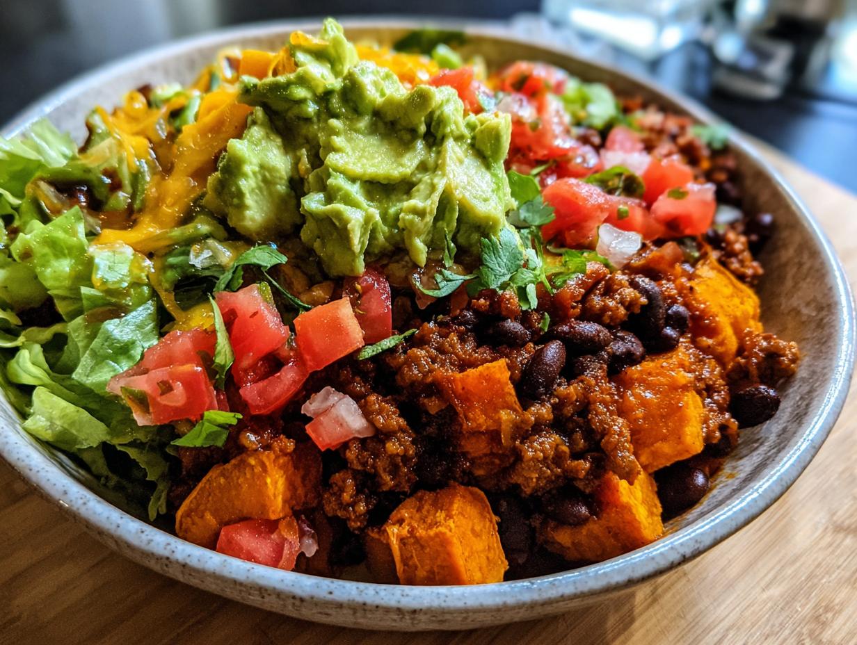 A close-up of a vibrant sweet potato taco bowl filled with seasoned ground meat, black beans, diced tomatoes, shredded lettuce, and guacamole.