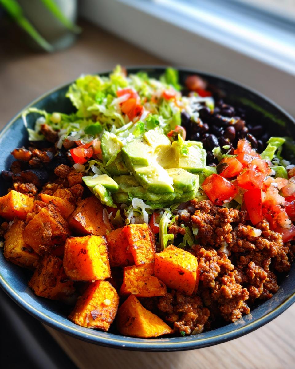 Close-up of a vibrant bowl filled with seasoned sweet potato cubes, black beans, seasoned ground meat, fresh lettuce, diced tomatoes, and sliced avocado.