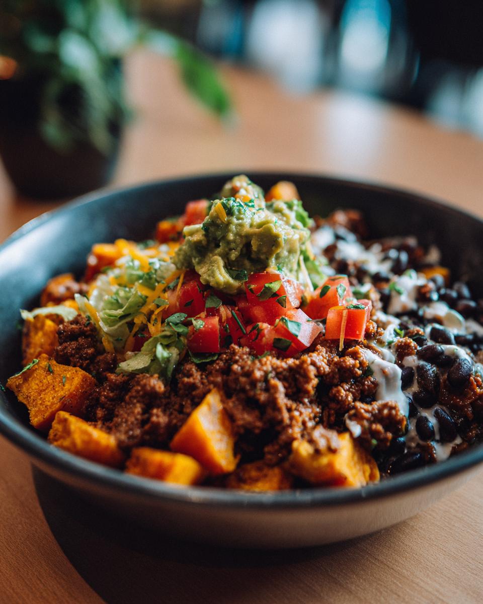 Close-up of a vibrant sweet potato taco bowl filled with seasoned ground meat, black beans, diced tomatoes, guacamole, and shredded lettuce.