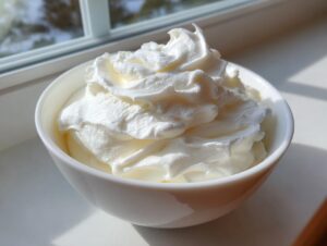 Close-up of thick, glossy white royal icing recipe mixture whipped into stiff peaks in a small white bowl.