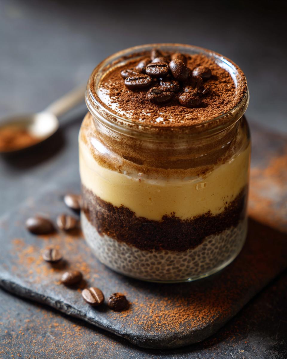 A layered tiramisu chia pudding in a glass jar, topped with cocoa powder and coffee beans.