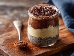 A layered tiramisu chia pudding in a glass jar, with a spoon dusted with cocoa powder.