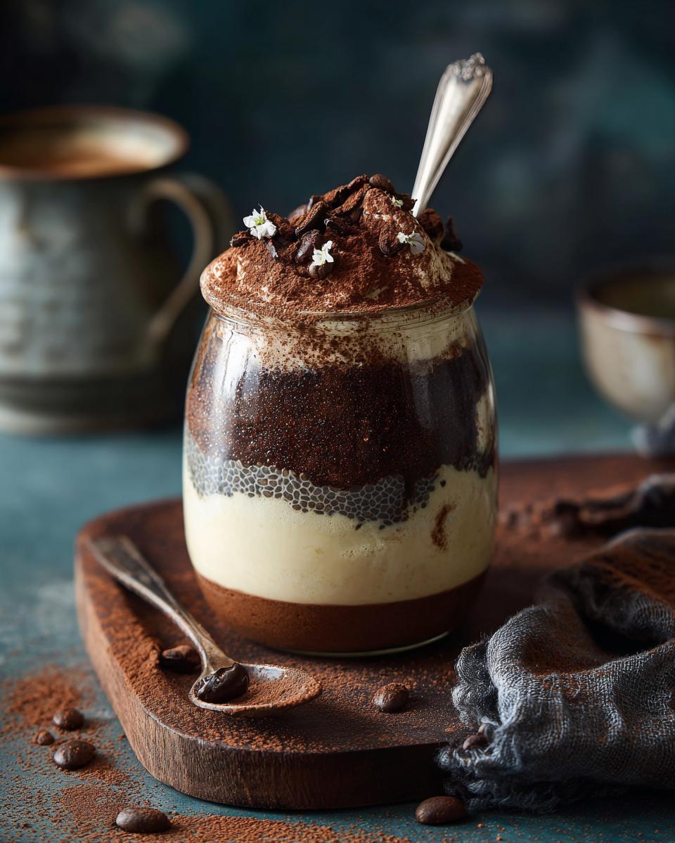 A layered tiramisu chia pudding in a glass jar, topped with cocoa powder and coffee beans.