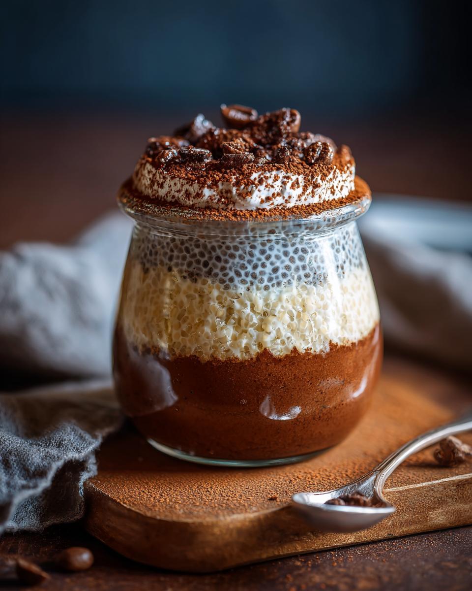 A layered tiramisu chia pudding in a glass jar, topped with whipped cream, cocoa powder, and coffee beans.