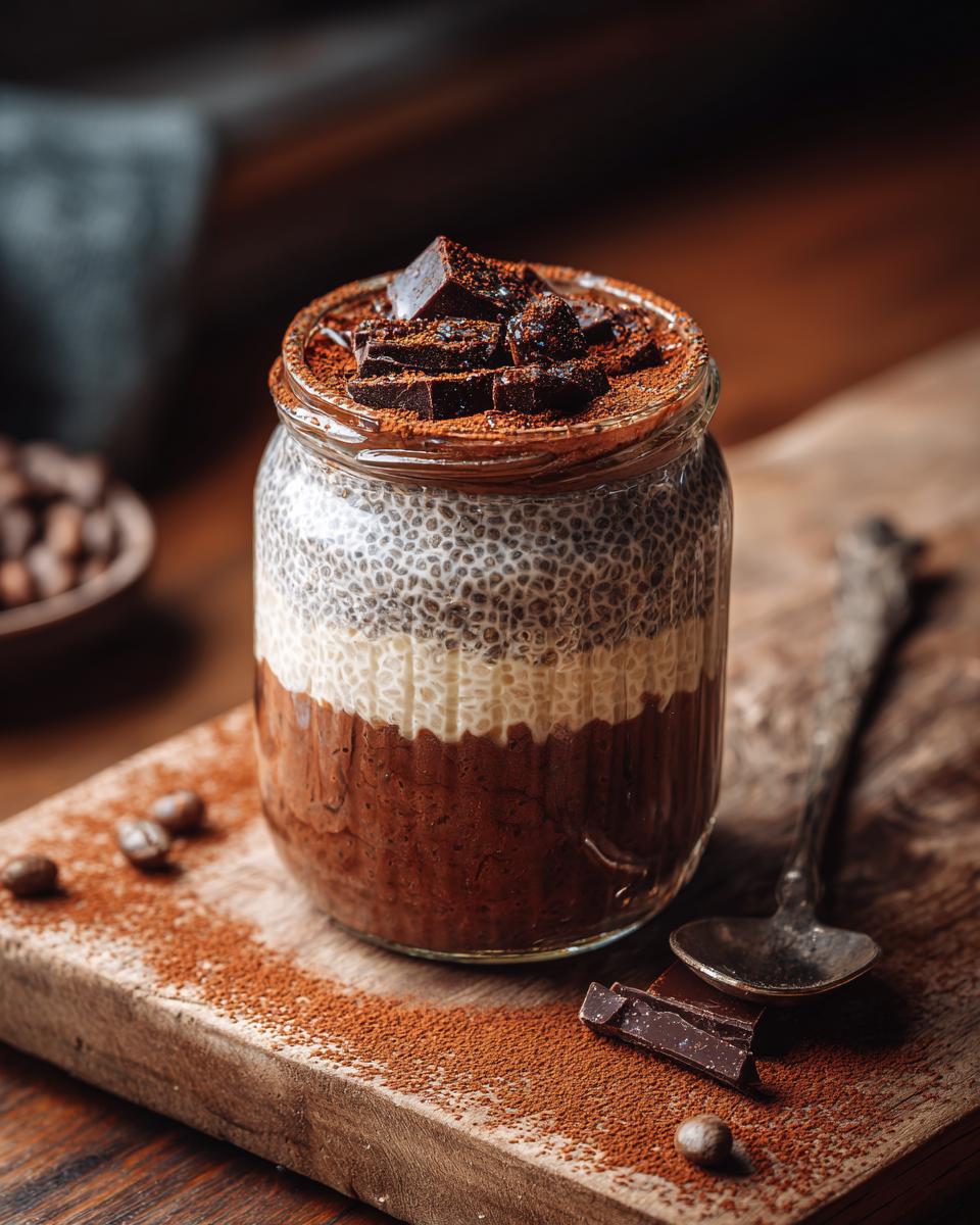 A layered tiramisu chia pudding in a glass jar, topped with chocolate chunks and cocoa powder.