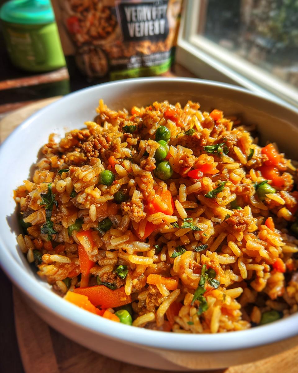 Close-up of a white bowl filled with savory vegan dirty rice, featuring rice, plant-based crumbles, peas, and carrots.