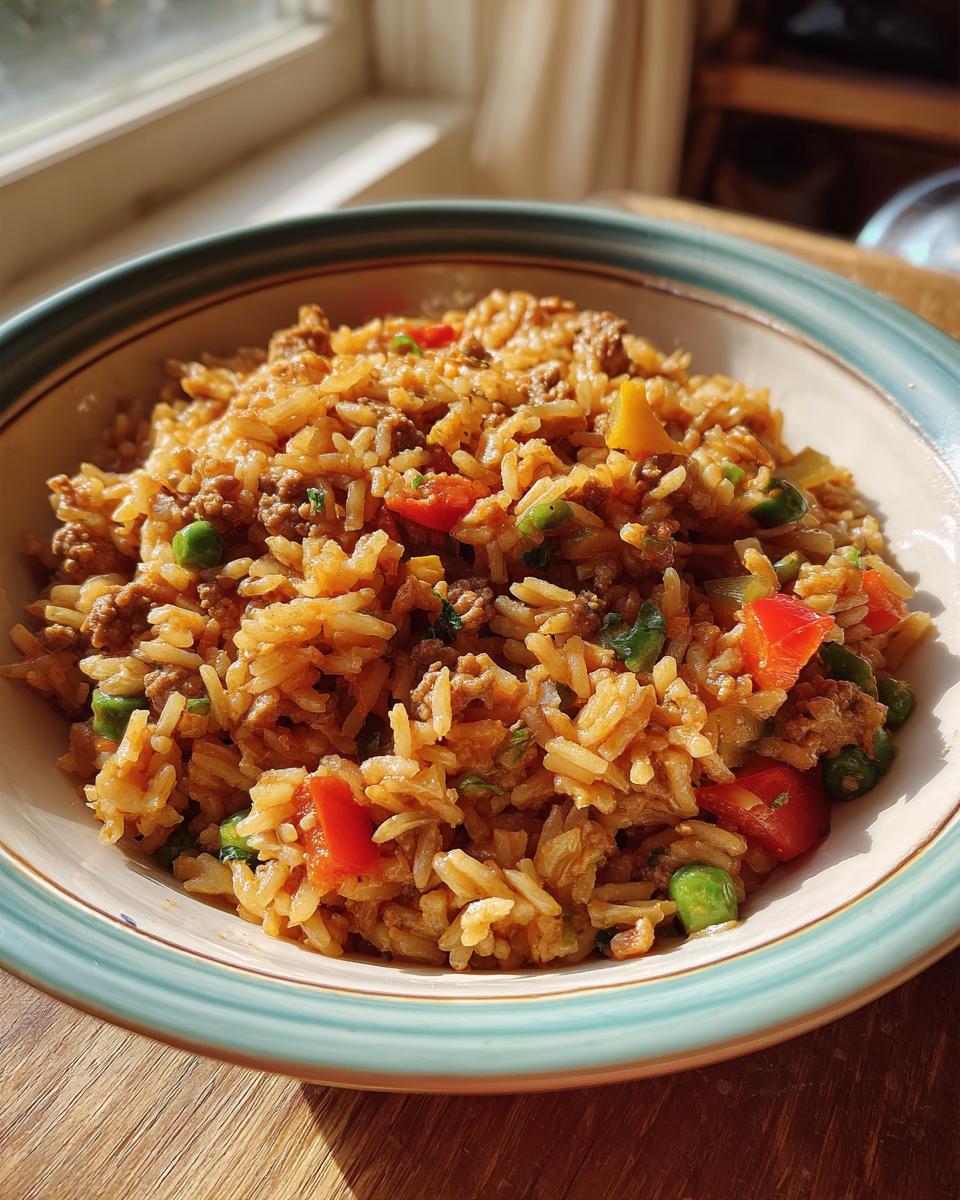 A close-up of a bowl filled with savory Vegan Dirty Rice, featuring rice, plant-based crumbles, peas, and red bell peppers.