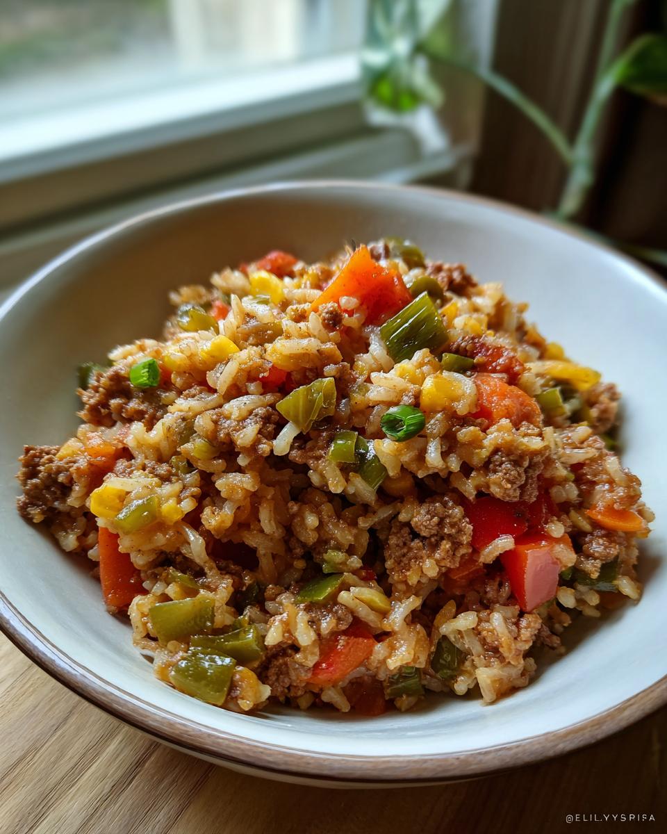 A close-up of a bowl filled with savory vegan dirty rice, featuring rice, plant-based crumbles, bell peppers, and tomatoes.