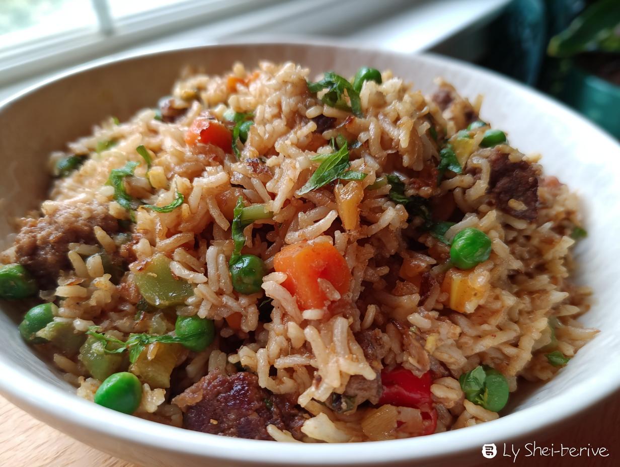 A close-up of a bowl filled with savory vegan dirty rice, featuring rice, peas, carrots, and plant-based 'meat' crumbles.