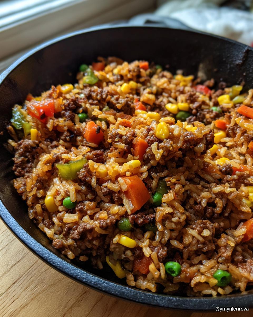 Close-up of a hearty vegan dirty rice dish with crumbled plant-based 'meat', rice, corn, peas, and diced carrots in a black cast iron skillet.