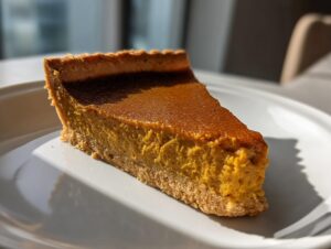Close-up of a thick slice of vegan pumpkin pie with a graham cracker crust, sitting on a white plate.