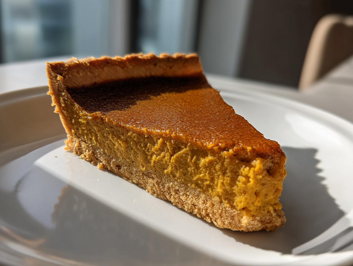 Close-up of a thick slice of vegan pumpkin pie with a graham cracker crust, sitting on a white plate.