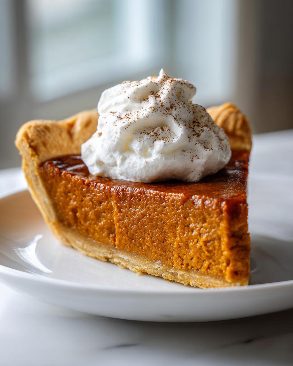 Close-up of a rich slice of vegan pumpkin pie topped with a dollop of whipped cream and cinnamon.