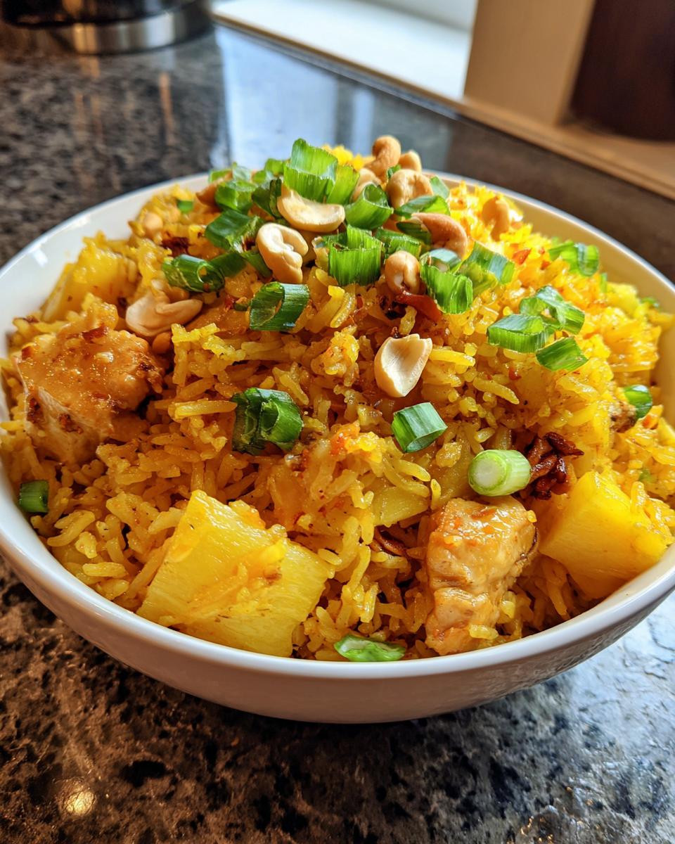 A close-up of a white bowl filled with bright yellow pineapple fried rice, topped with cashews and chopped green onions.
