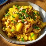 A close-up of bright yellow pineapple fried rice topped with grilled chicken chunks, cashews, and sliced green onions.