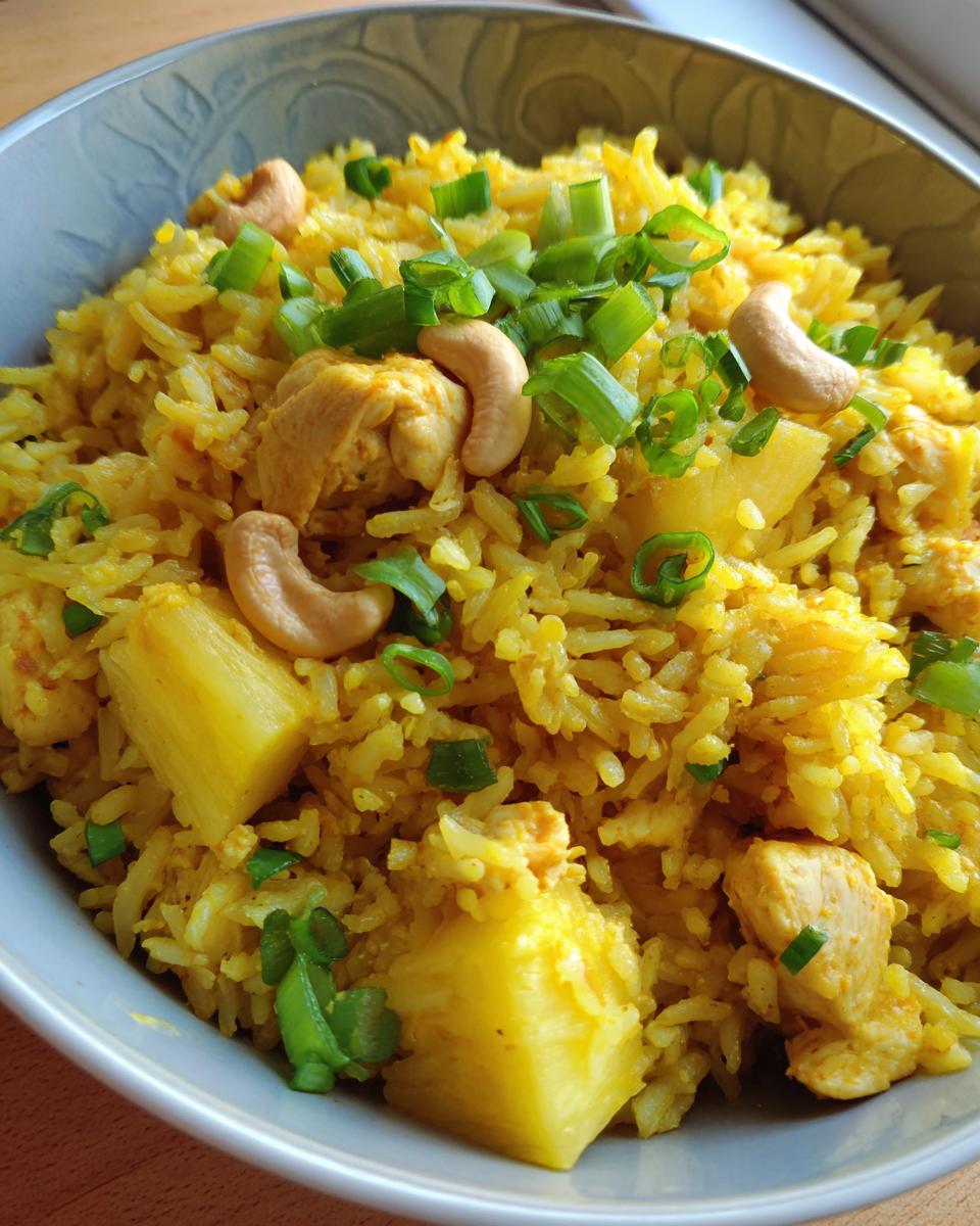 A close-up bowl of vibrant yellow pineapple fried rice, topped with cashews, chicken pieces, and chopped green onions.