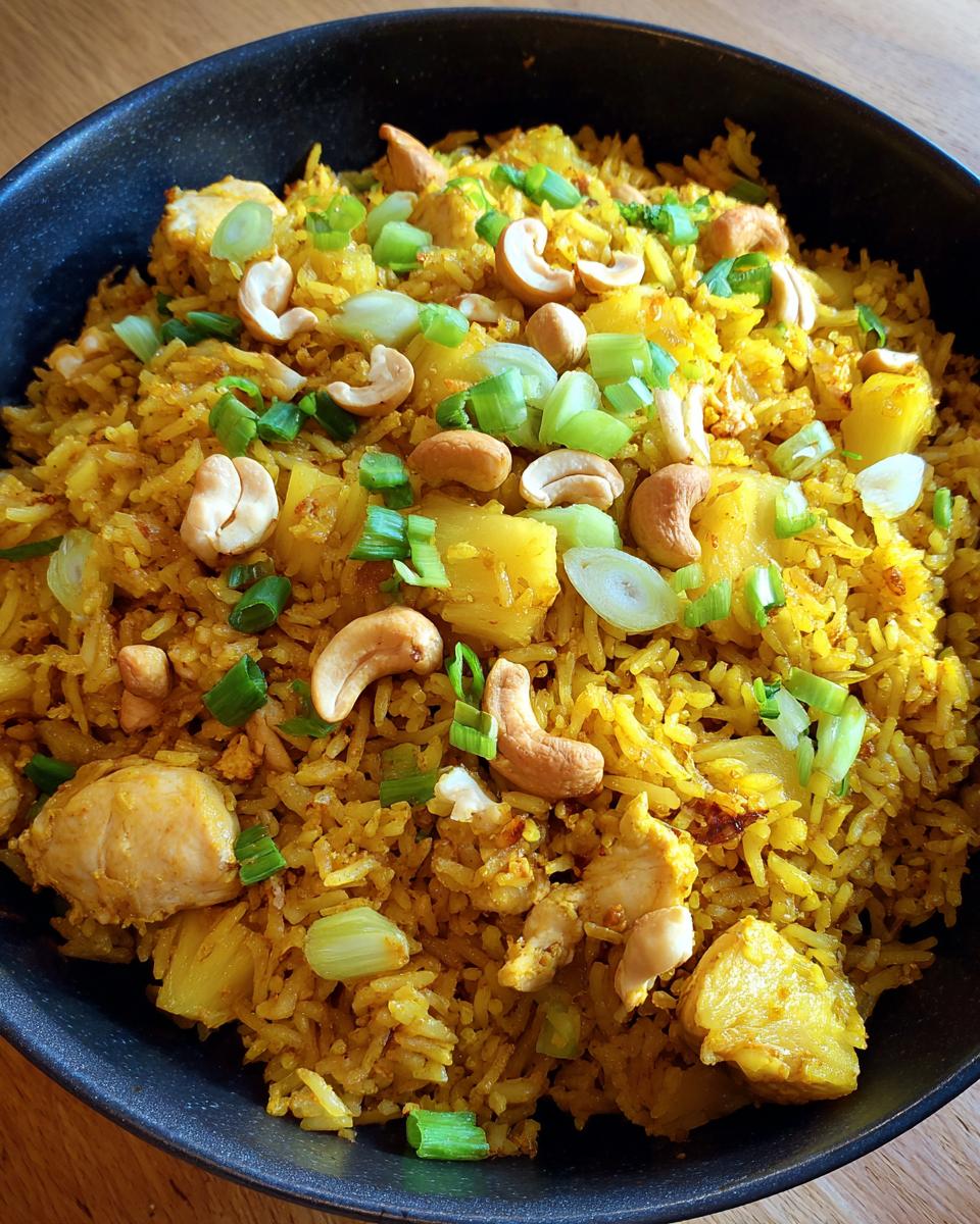 Close-up of vibrant yellow pineapple fried rice topped with cashews, chicken chunks, and green onions.