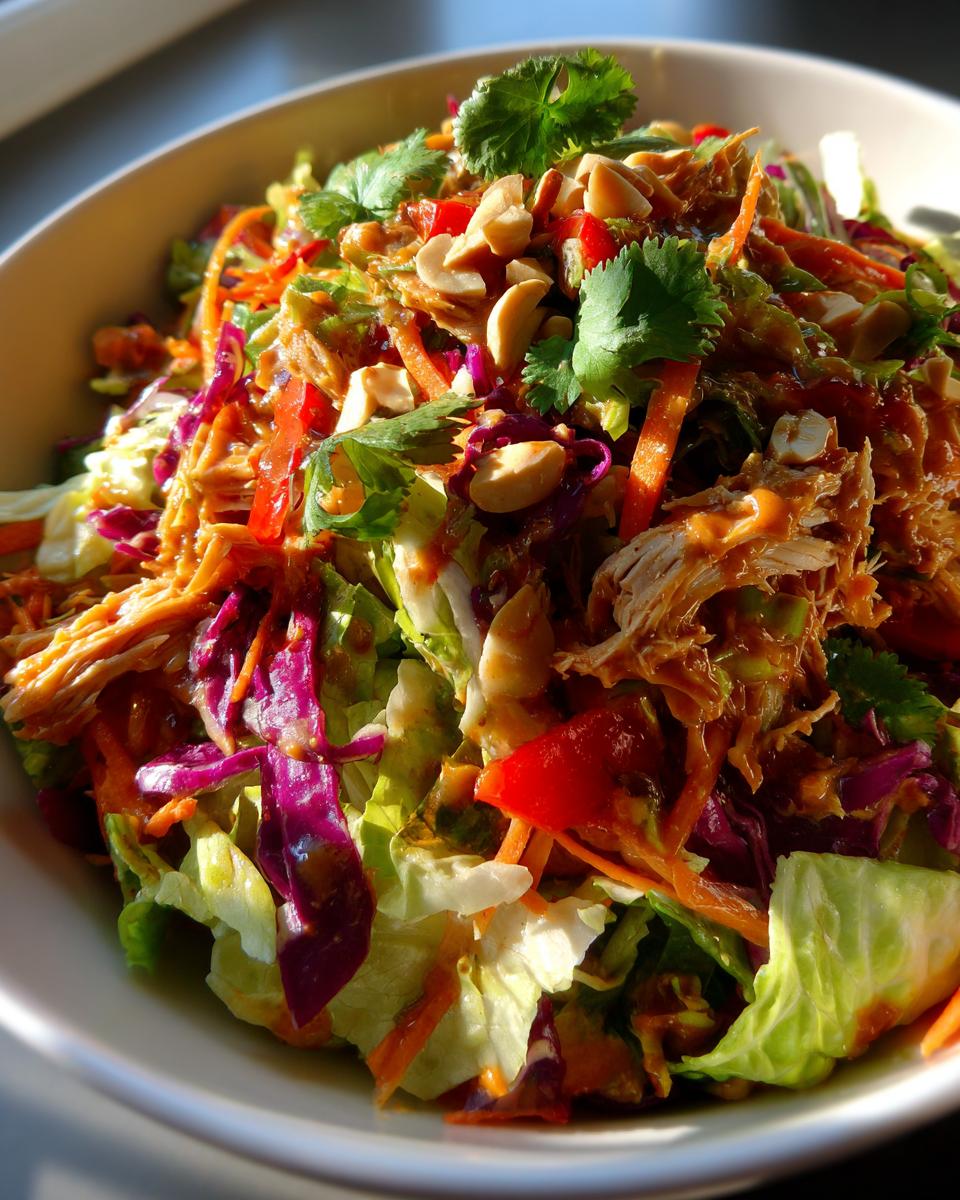 Close-up of a vibrant thai chicken salad featuring shredded chicken, cabbage, carrots, and topped with peanuts and fresh cilantro.