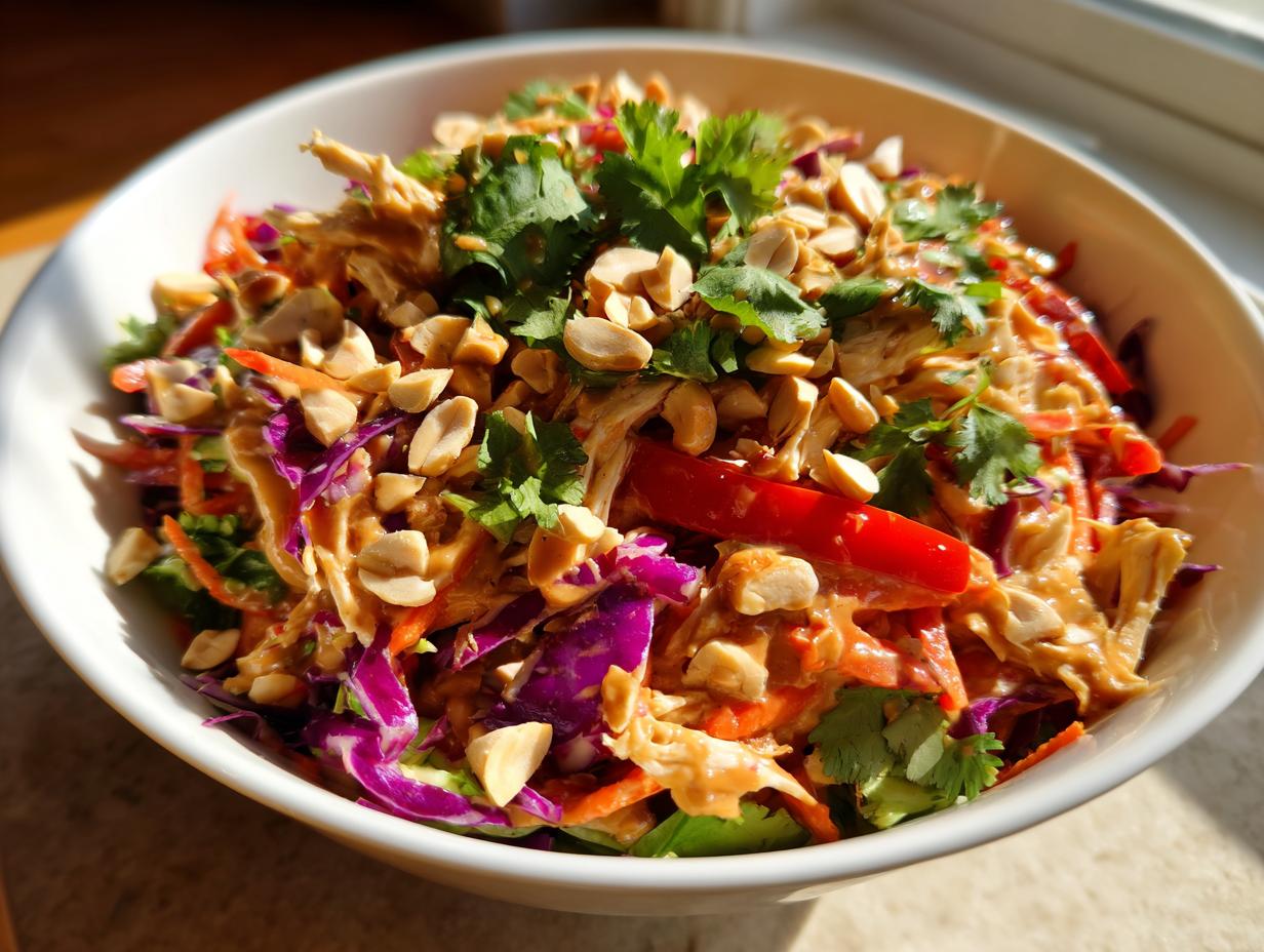 A close-up of a vibrant thai chicken salad in a white bowl, topped with peanut dressing, chopped peanuts, and cilantro.