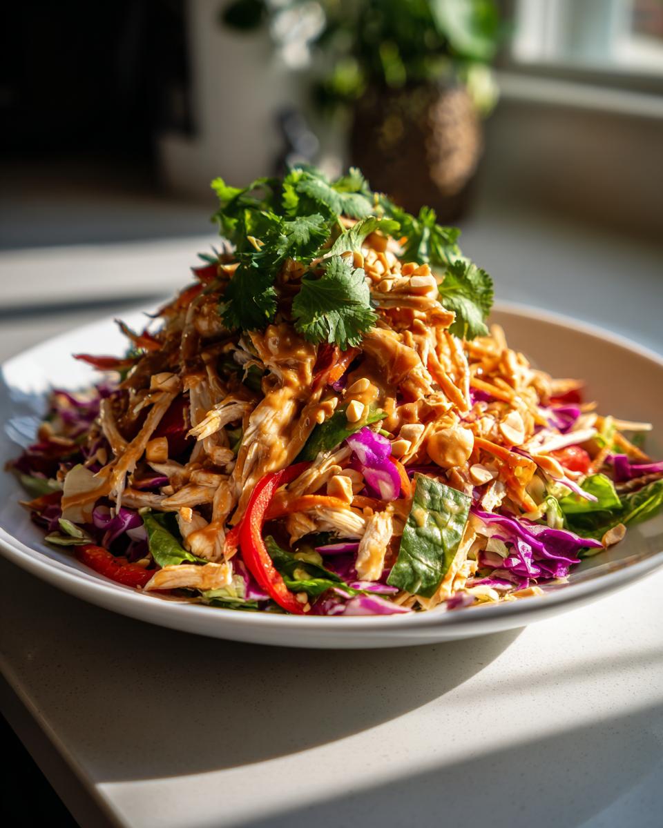 A vibrant Thai chicken salad topped with shredded chicken, peanut dressing, cilantro, and crushed peanuts.