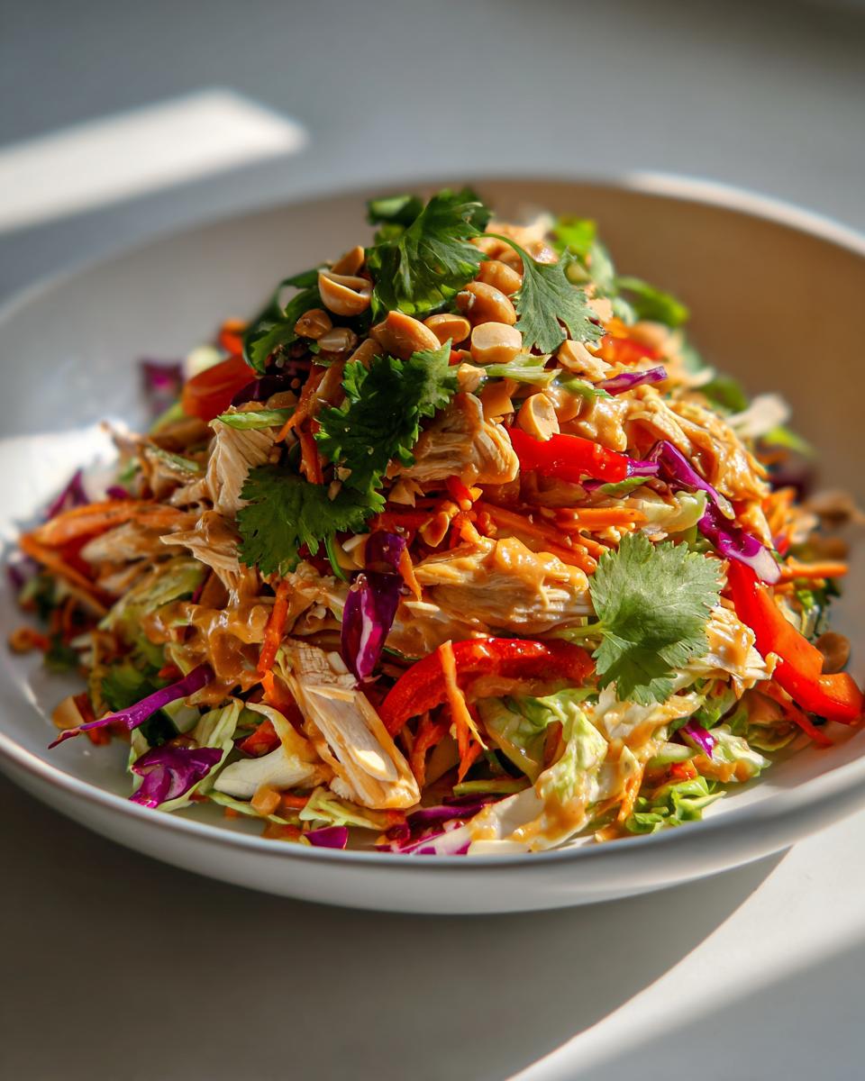 A close-up of a vibrant thai chicken salad topped with crushed peanuts and fresh cilantro leaves.