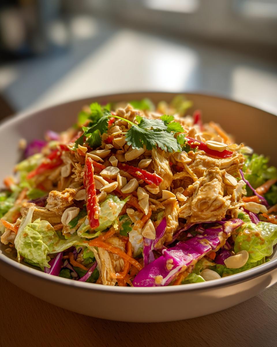 Close-up of a vibrant thai chicken salad featuring shredded chicken, shredded carrots, red cabbage, and crushed peanuts.