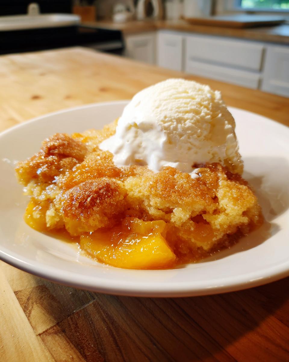 A warm serving of southern peach cobbler topped with a scoop of melting vanilla ice cream.