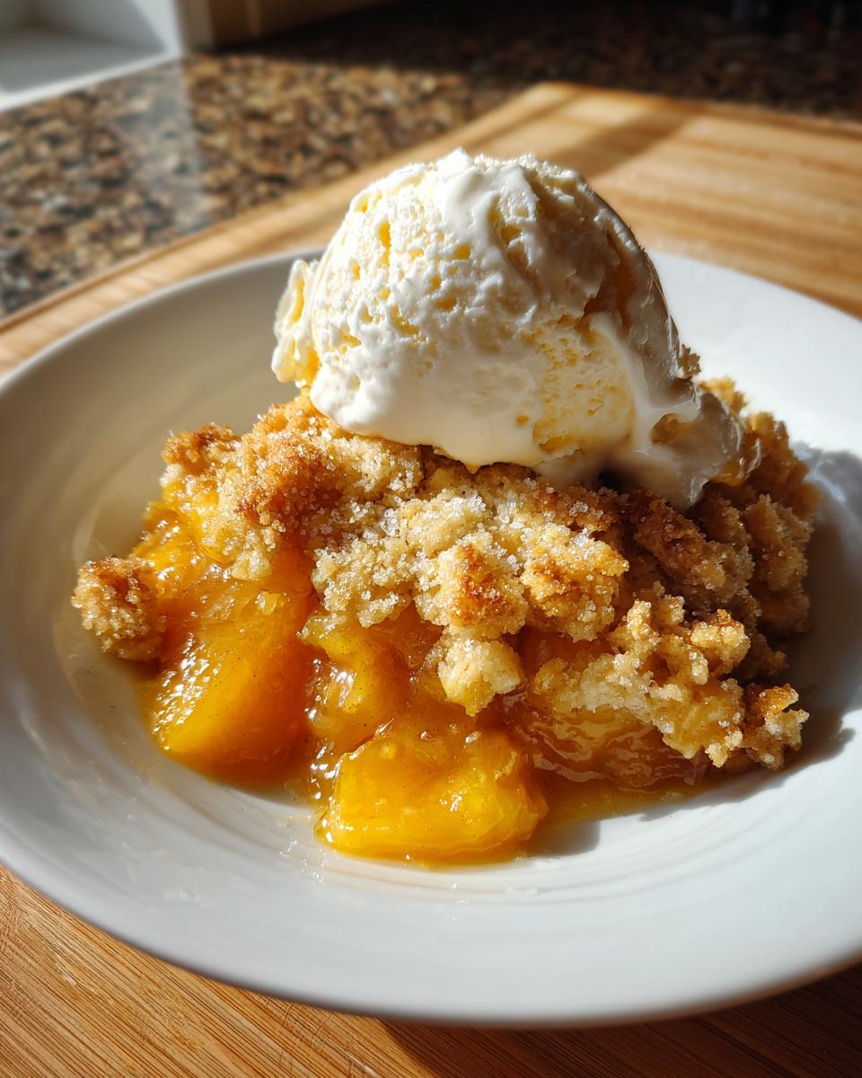 A serving of warm southern peach cobbler topped with a melting scoop of vanilla ice cream in a white bowl.