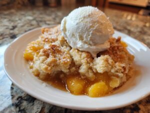 A serving of warm southern peach cobbler topped with a scoop of vanilla ice cream and coarse sugar.