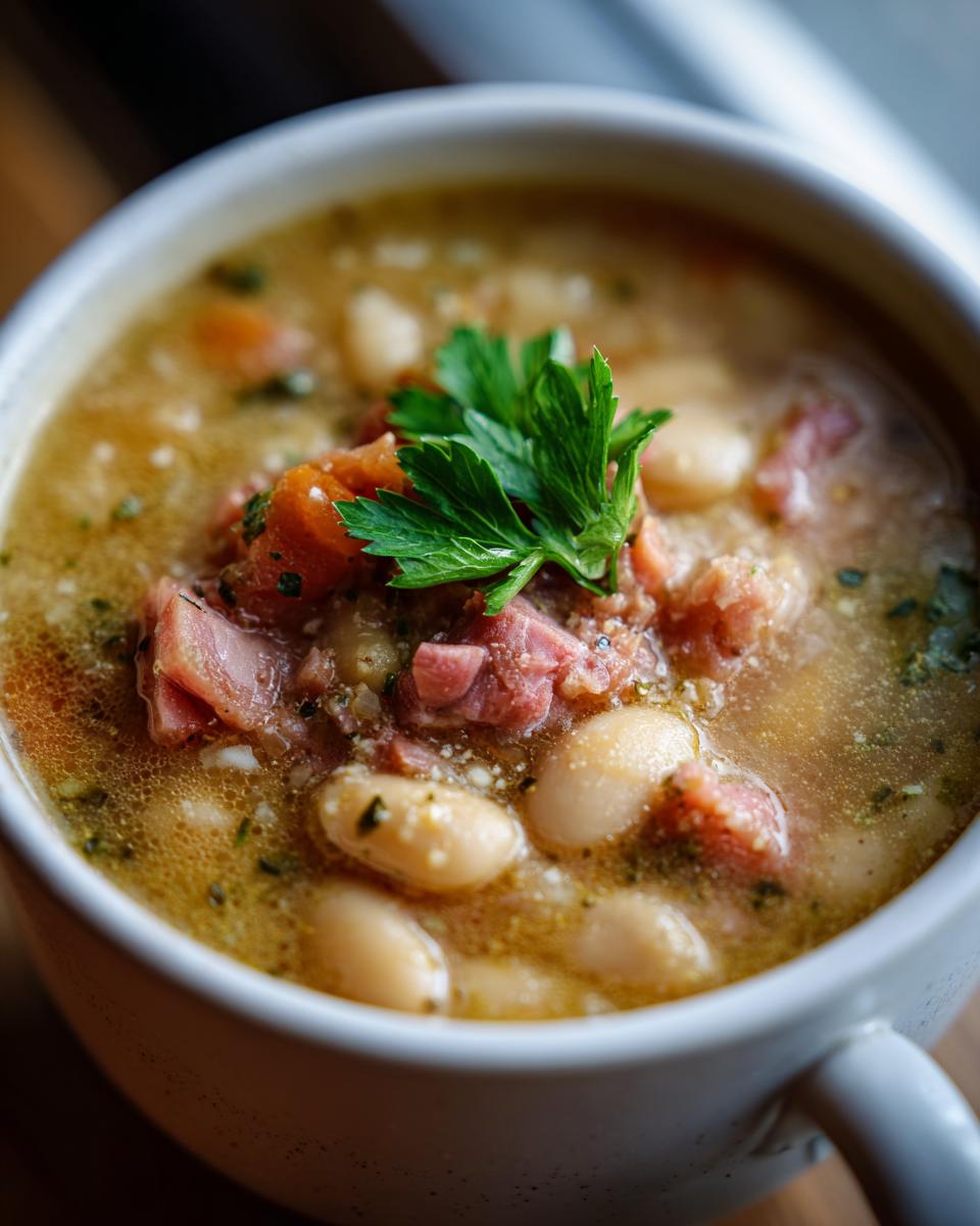 A close-up of a bowl of hearty white bean and ham soup, garnished with fresh parsley.