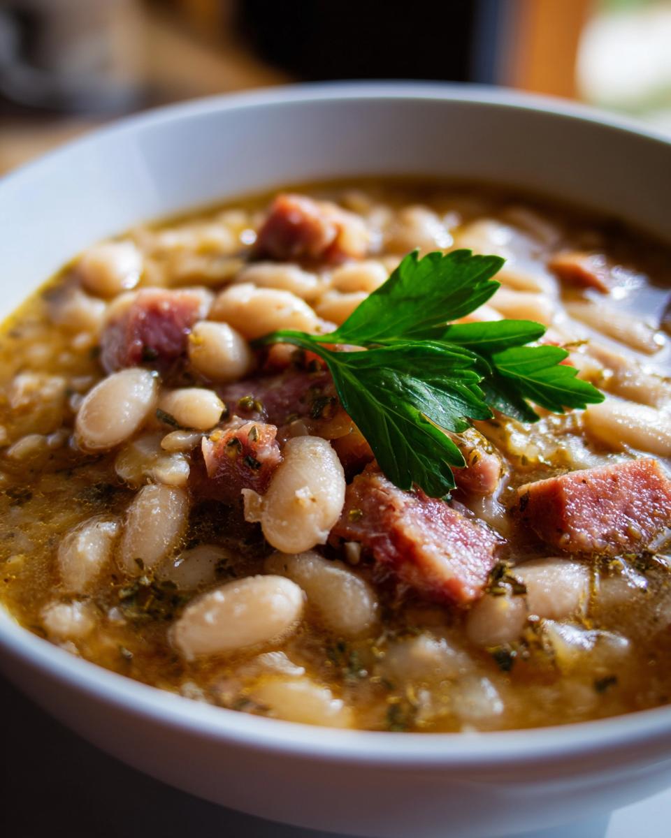 A close-up of a bowl of hearty white bean and ham soup, garnished with fresh parsley.