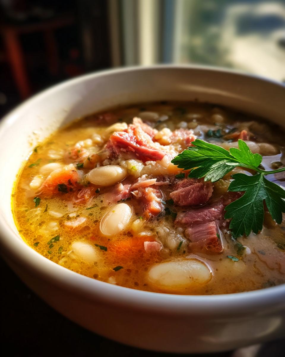 A close-up shot of a bowl of hearty white bean and ham soup, garnished with parsley.