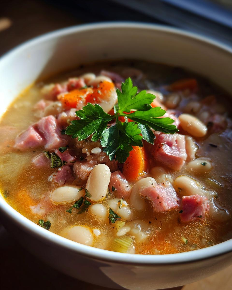 A close-up of a bowl of hearty white bean and ham soup, garnished with parsley.