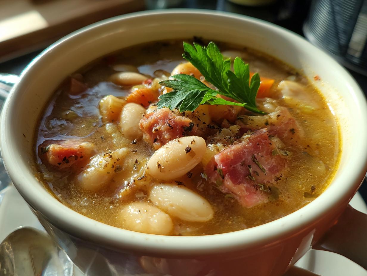 A close-up bowl of hearty white bean and ham soup, garnished with fresh parsley.