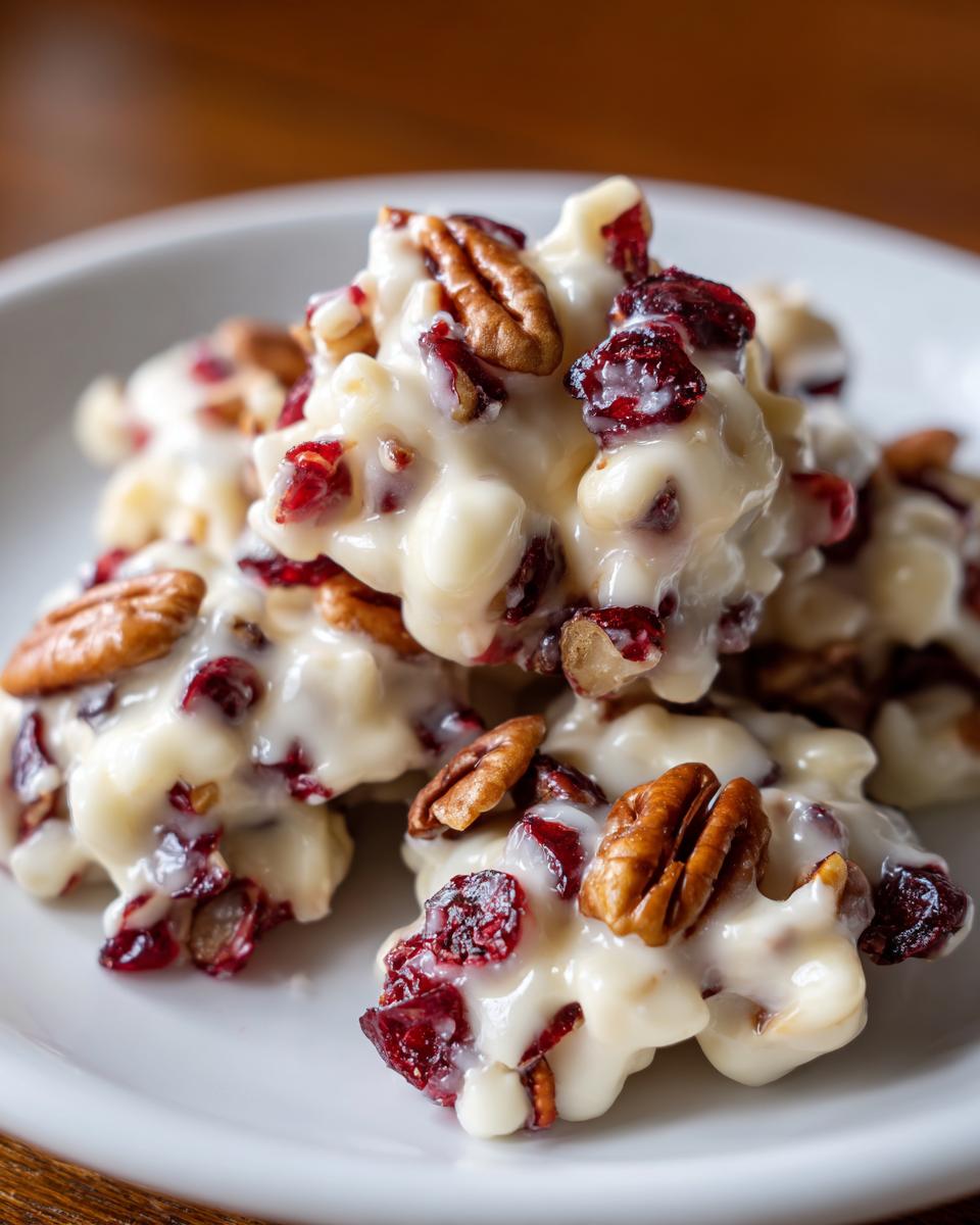 A close-up shot of white chocolate cranberry pecan clusters piled on a white plate.
