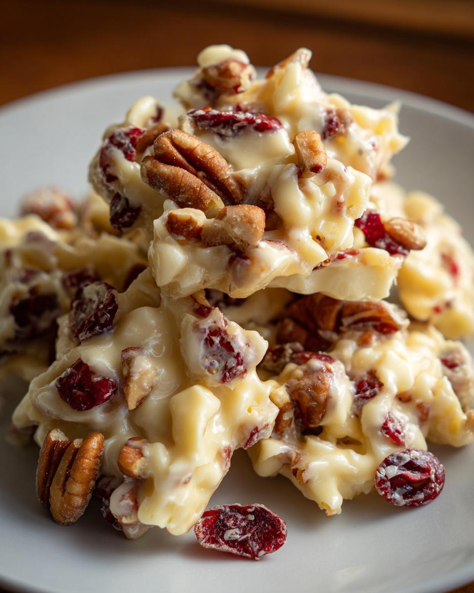 A close-up of white chocolate cranberry pecan clusters, showcasing the creamy white chocolate, tart cranberries, and crunchy pecans.