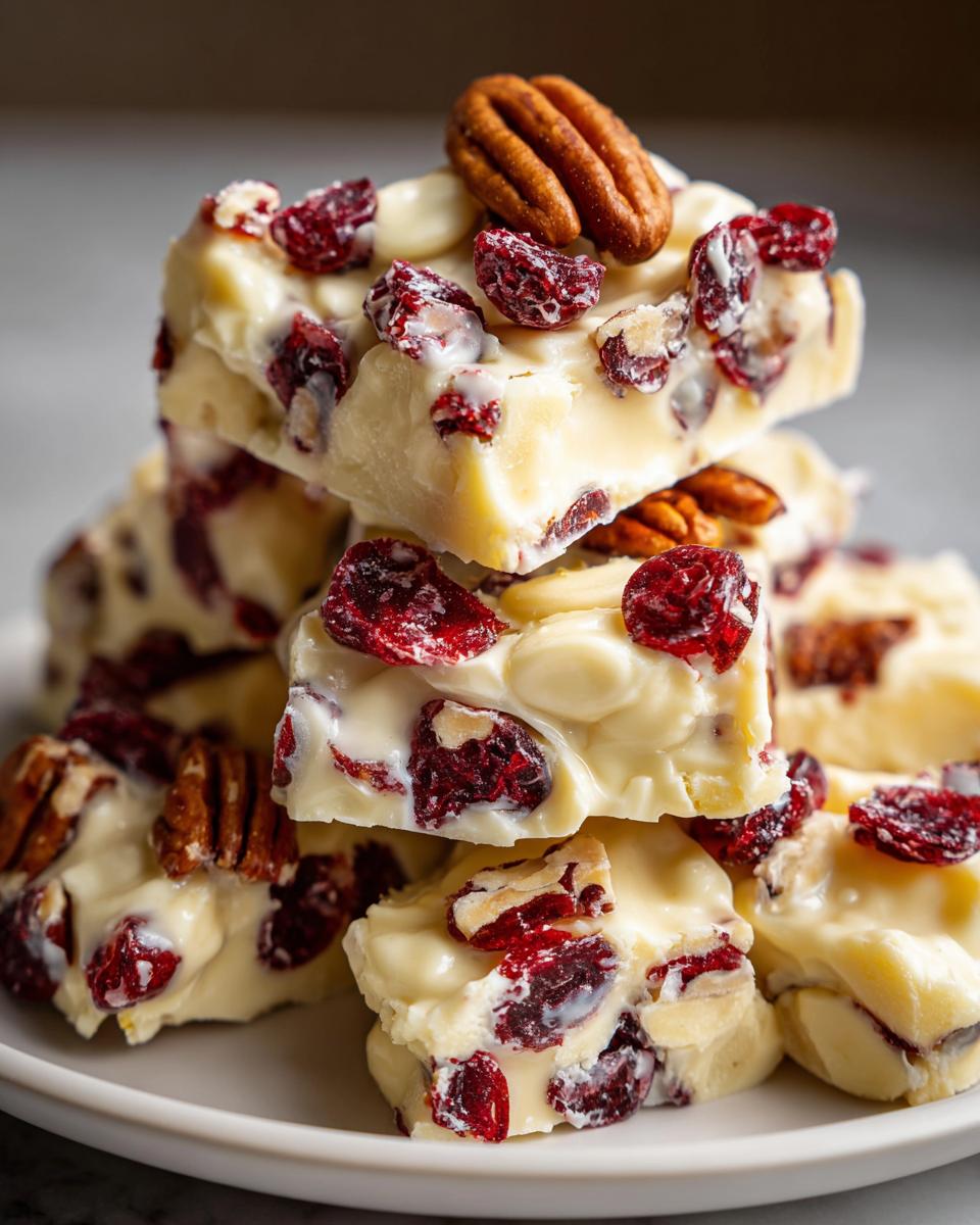 A stack of white chocolate cranberry pecan clusters, showcasing dried cranberries and whole pecans.